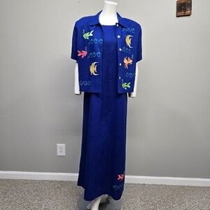 Vintage Y2K Maxi Shift‎ Dress Jacket 2 Piece Size 12 Blue Fish Ocean Whimsical